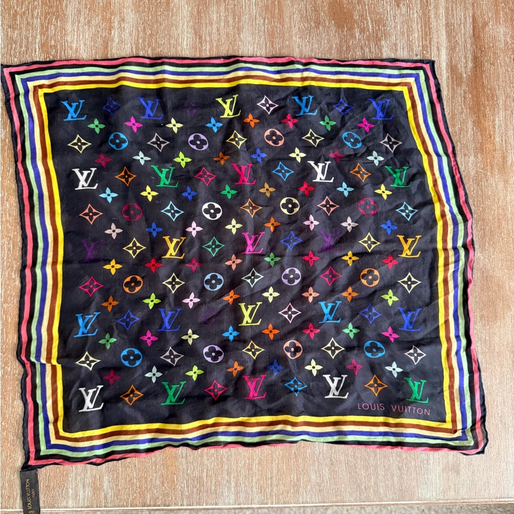 Louis Vuitton Black Multicolor Monogram Silk Scarf - Picture 2 of 7